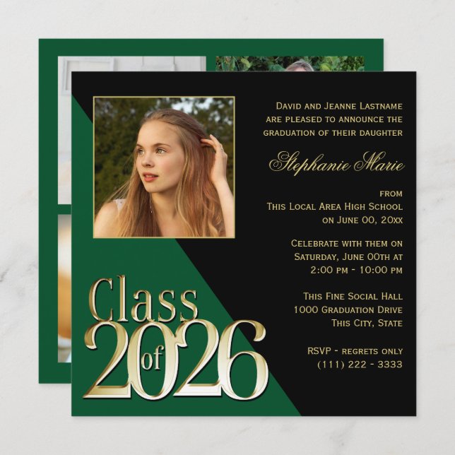 Invitación Class of 2026 Gold Grad Green with Photo (Anverso / Reverso)