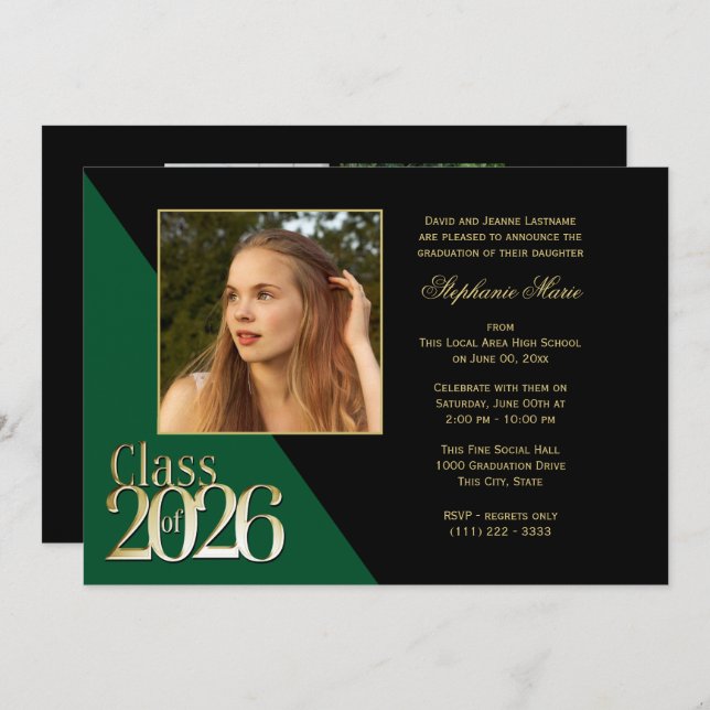 Invitación Class of 2026 Gold Grad Green with Photo (Anverso / Reverso)