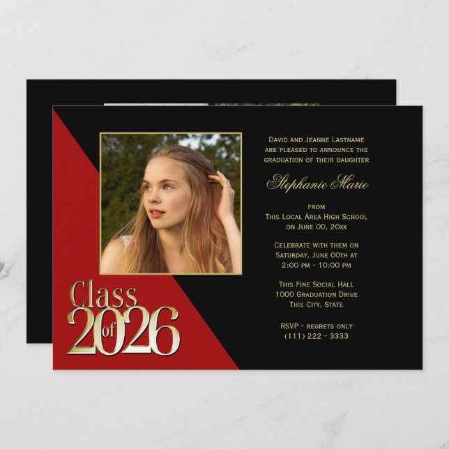 Invitación Class of 2026 Gold Grad Red with Photo (Anverso / Reverso)