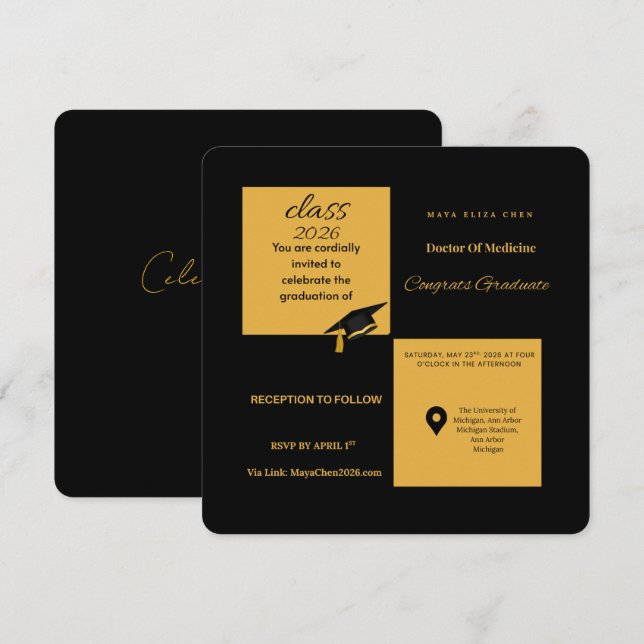 Invitación  Class of 2026 Medical School Invite | Elegant Sq (Anverso / Reverso)