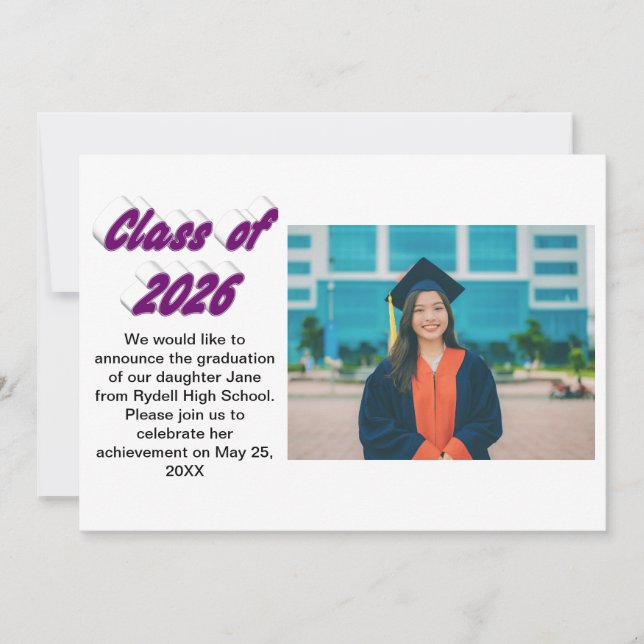 Invitación Class of 2026 purple typography  graduation photo (Anverso)