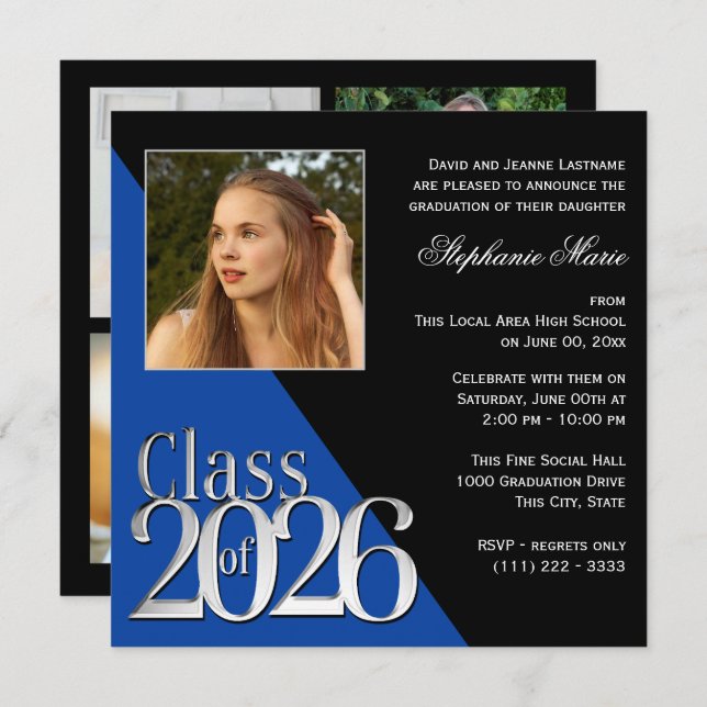 Invitación Class of 2026 Silver Grad Blue with Photo (Anverso / Reverso)