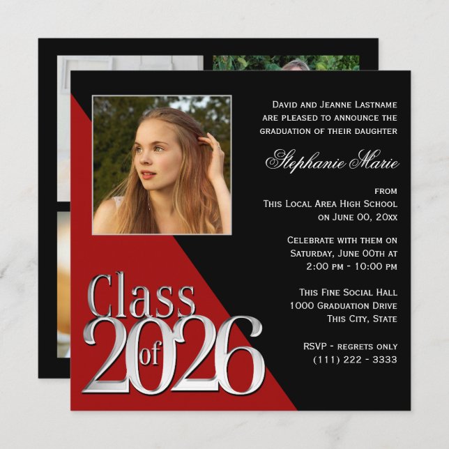 Invitación Class of 2026 Silver Grad Red with Photo (Anverso / Reverso)