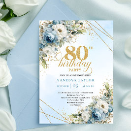 Invitación Classic 80th Birthday Elegant Dusty Blue Gold