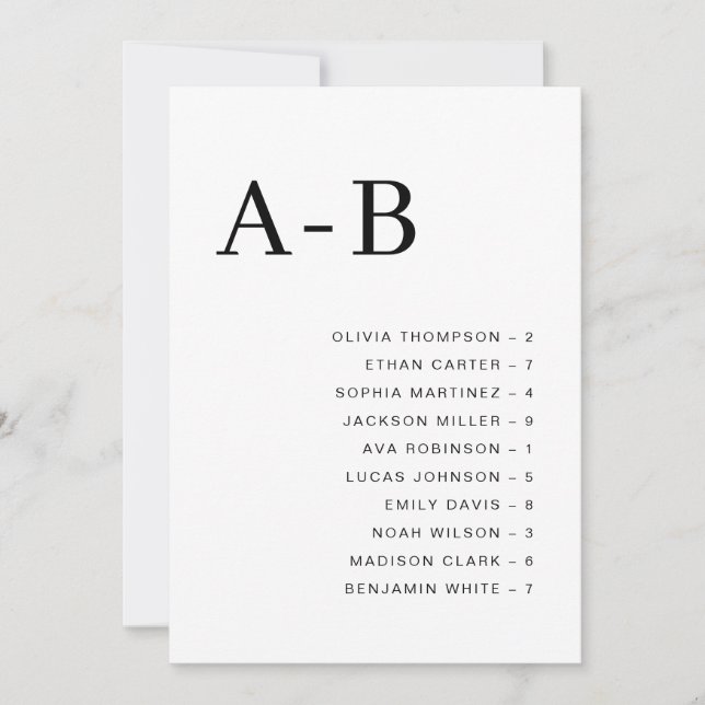 Invitación Classic Alphabetical Wedding Seating Chart Card (Anverso)