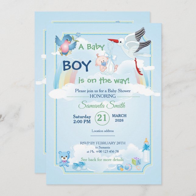 Invitación Classic and cute Stork Baby Shower Invitation (Anverso / Reverso)