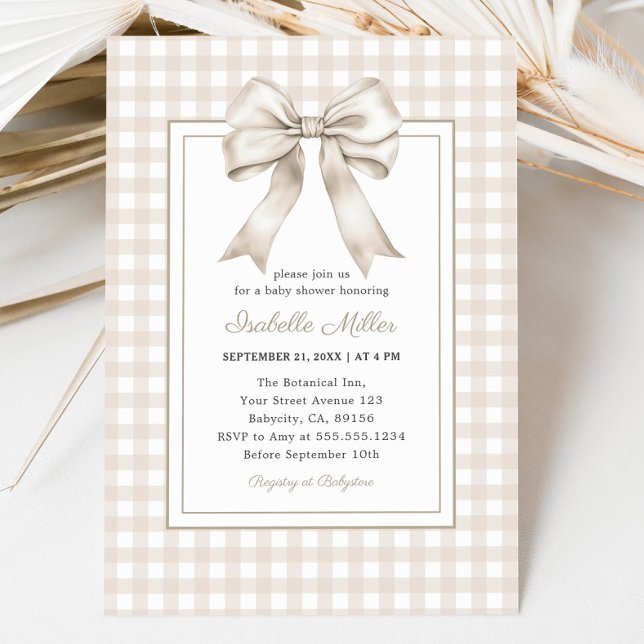 Invitación Classic Beige Bow Gingham Neutral Baby Shower (Classic Beige Bow Gingham Neutral Baby Shower Invitation)