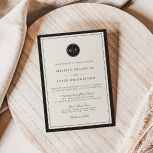 Invitación Classic Black and Ecru Monogram Wedding Invitation