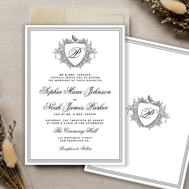 Invitación Classic black and white crest monogram wedding  (Subido por el creador)
