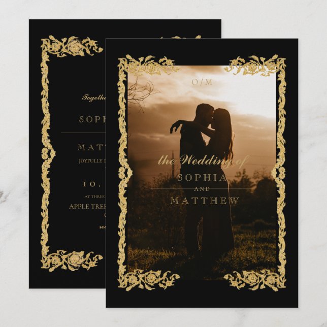 Invitación Classic Black Gold Frame⎮ Photo Wedding Invitation (Anverso / Reverso)
