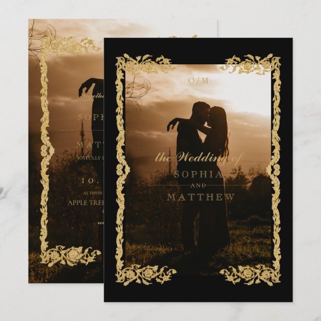 Invitación Classic Black Gold Photo Wedding Invitation (Anverso / Reverso)