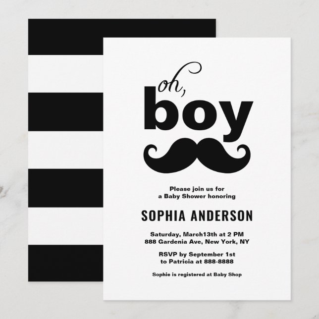 Invitación Classic Black It's a Boy Mustache Baby Shower (Anverso / Reverso)