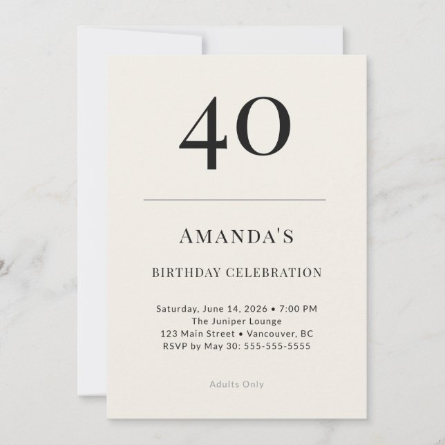Invitación Classic Black & Ivory 40th Birthday Celebration (Anverso)