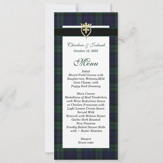 Invitación Classic Black Watch Tartan Wedding Menu (Anverso)