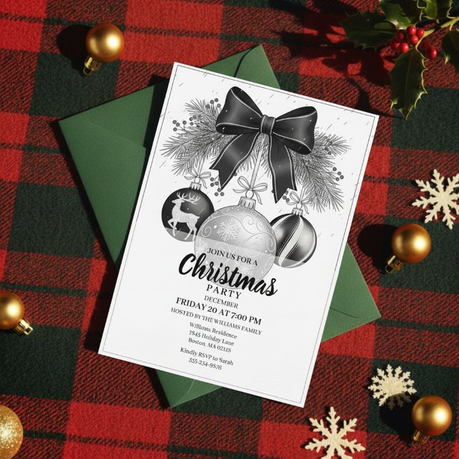 Invitación Classic Black White Christmas Party Invite (Vintage Christmas Party, Timeless Holiday Celebration, Elegant Bow Invitation)