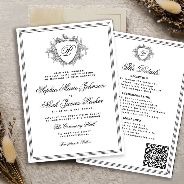 Invitación Classic black white QR formal monogram wedding  (Subido por el creador)