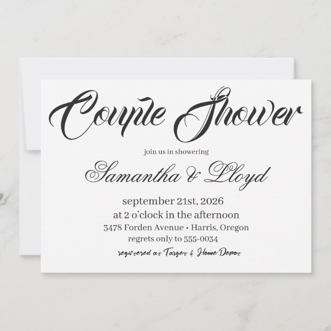 Invitación Classic Black & White Script Couples Bridal Shower (Anverso)