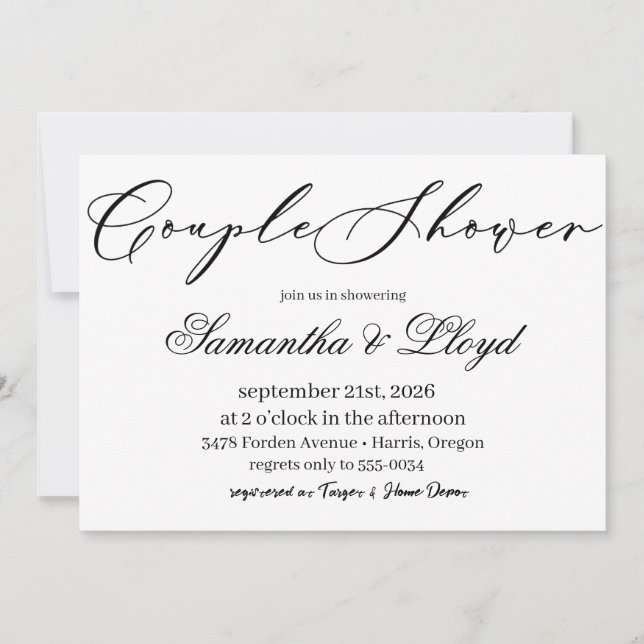 Invitación Classic Black & White Script Couples Bridal Shower (Anverso)