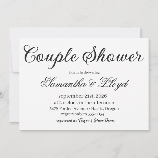 Invitación Classic Black & White Script Couples Bridal Shower (Anverso)