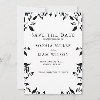 Invitación Classic Black White WEDDING Floral Save the Date 