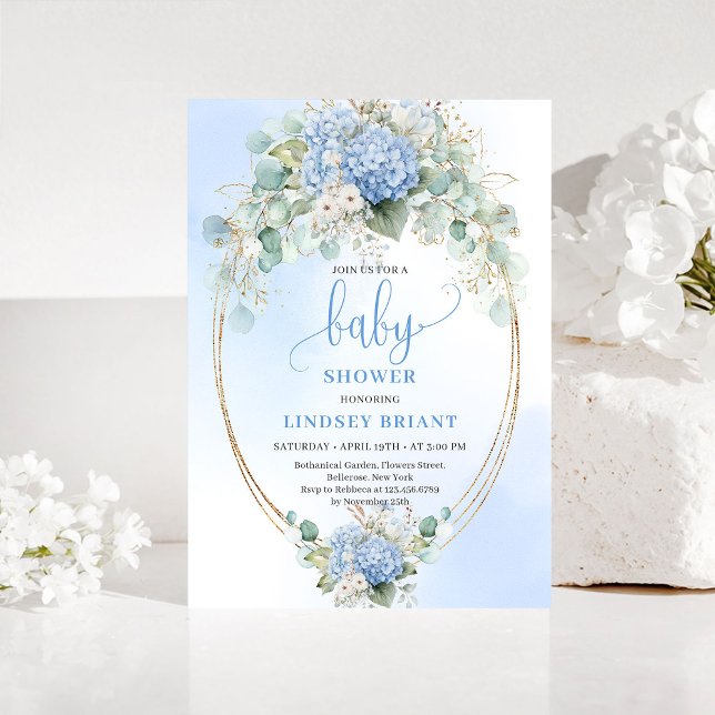 Invitación Classic Blue Floral Baby Shower Invitation Gold (Classic Blue Floral Baby Shower Invitation Gold)