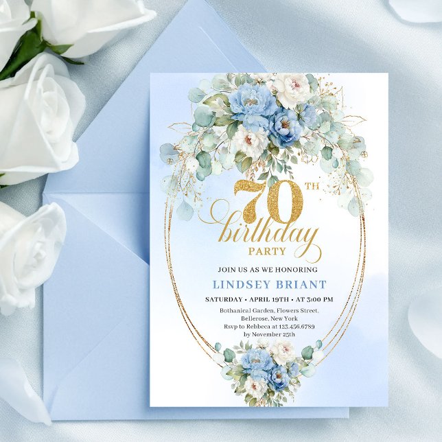 Invitación Classic Blue Floral Eucalyptus 70th Birthday Invit (Classic Blue Floral Eucalyptus 70th Birthday Invitation

)