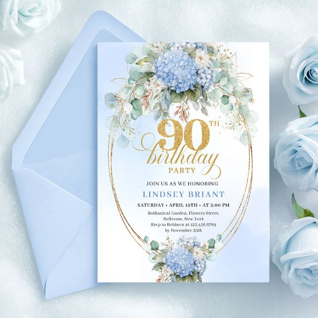 Invitación Classic Blue Floral Gold Greenery 90th Birthday  (Classic Blue Floral Gold Greenery 90th Birthday Invite)
