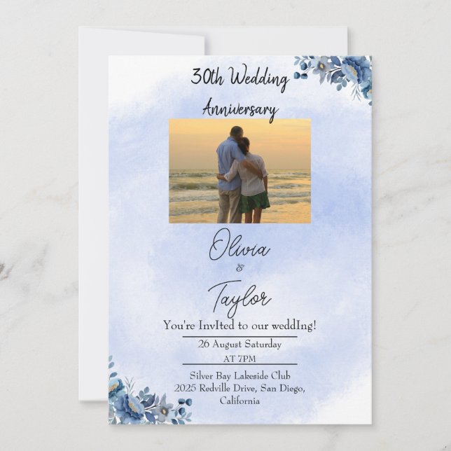 Invitación Classic Blue Floral Wedding Anniversary Invitation (Anverso)