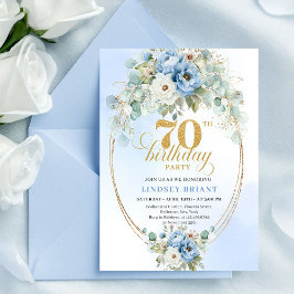 Invitación Classic Blue Gold Floral 70th Birthday Invitation 