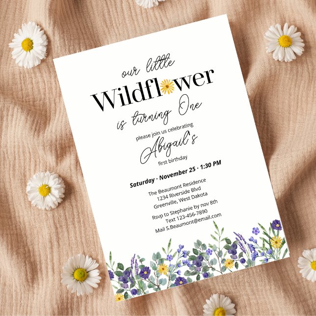 Invitación Classic Blue Our Little Wildflower 1st Birthday (Subido por el creador)