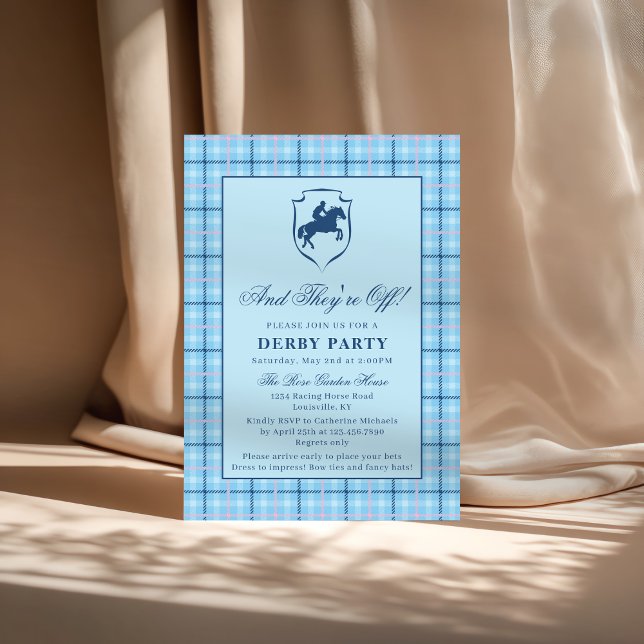 Invitación Classic Blue Plaid Race Horse Crest Derby Party (Subido por el creador)