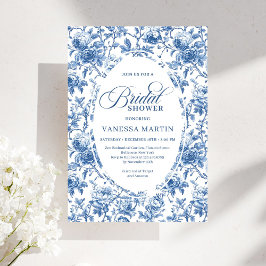 Invitación Classic Blue Toile de Jouy Floral Bridal Shower