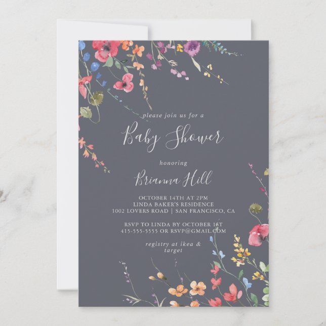 Invitación Classic Blue Wild Floral Baby Shower (Anverso)