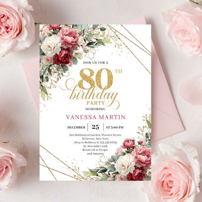 Invitación Classic Blush Burgundy Floral 80th Birthday Invite (Classic Blush Burgundy Floral 80th Birthday Invite)