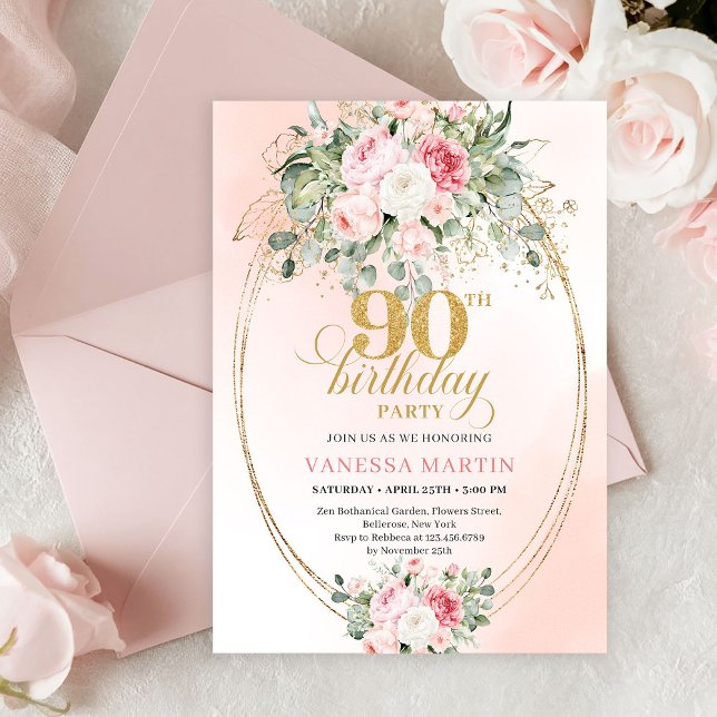 Invitación Classic Blush Floral Greenery Gold 90th Birthday  (Timeless Blush Rose Boho 90th Birthday Party Invitation)