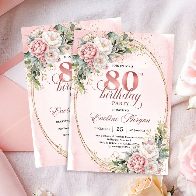 Invitación Classic Blush Pink Flowers Greenery 80th Birthday (Classic Blush Pink Flowers Greenery 80th Invitation)