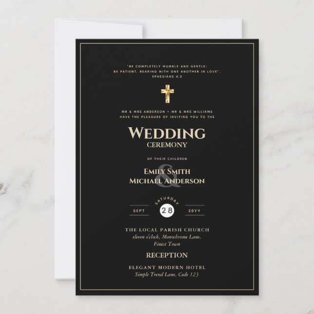 Invitación CLASSIC Boda católico All-in-1 Black Gold Text (Anverso)