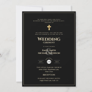 Invitación CLASSIC Boda católico All-in-1 Black Gold Text