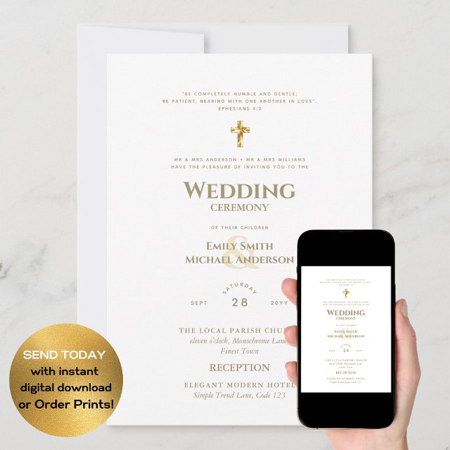 Invitación CLASSIC Boda católico de oro blanco todo en 1 (Subido por el creador)