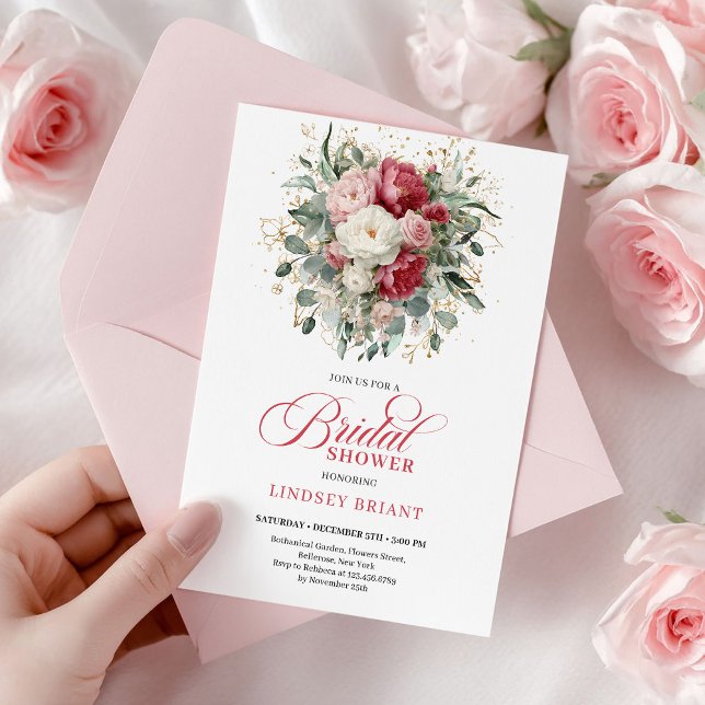 Invitación Classic Bohemian Burgundy Blush Gold Bridal Shower (Classic Bohemian Burgundy Blush Gold Bridal Shower

)