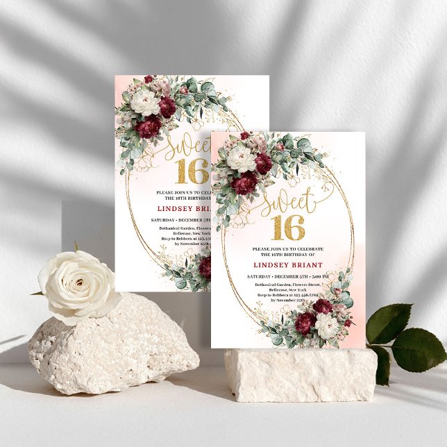 Invitación Classic Bohemian Burgundy Floral Eucalyptus Sweet  (Classic Bohemian Burgundy Floral Eucalyptus Sweet 16)