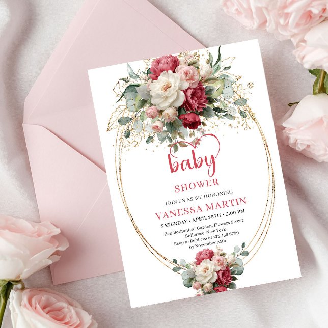 Invitación Classic Bohemian Crimson Red White Gold Floral   (Classic Bohemian Crimson Red White Gold Floral Invite)