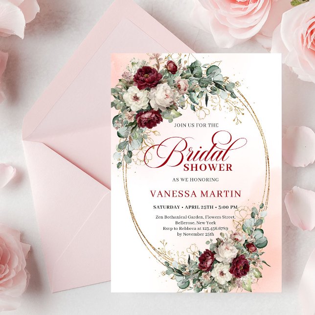 Invitación Classic Boho Burgundy Flowers & Gold Bridal Shower (Classic Burgundy Flowers & Gold Bridal Shower Invitation)