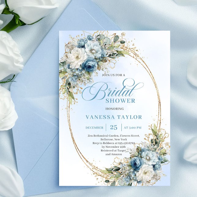 Invitación Classic Boho Dusty Blue Floral Gold Bridal Shower (Classic Dusty Blue Floral Gold Bridal Shower Invitation)