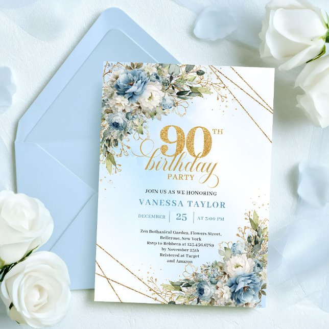 Invitación Classic Boho Dusty Blue White Floral 90th Birthday (Classic Dusty Blue White Floral 90th Birthday Invite

)