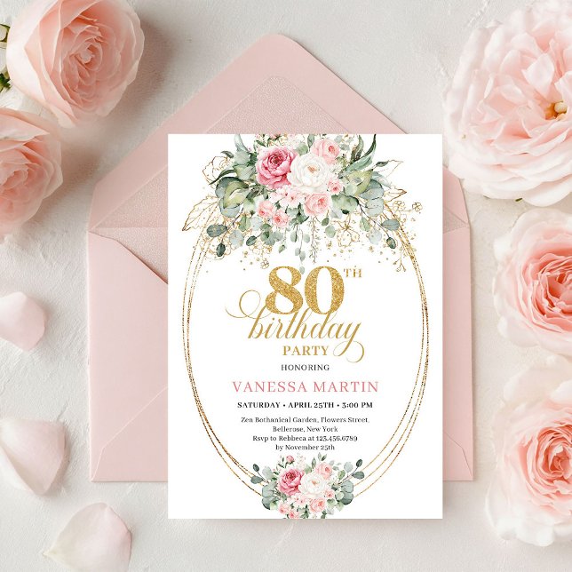 Invitación Classic Boho Minimalist Blush Floral 80th Birthday (Classic Minimalist Blush Floral 80th Birthday Invite

)