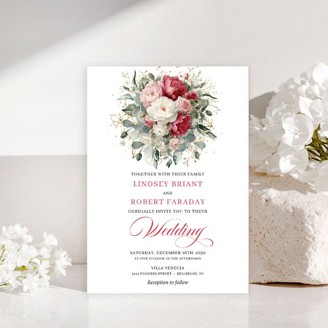 Invitación Classic Boho Red White Gold Floral Wedding Invite (Classic Boho Red White Gold Floral Wedding Invitation)