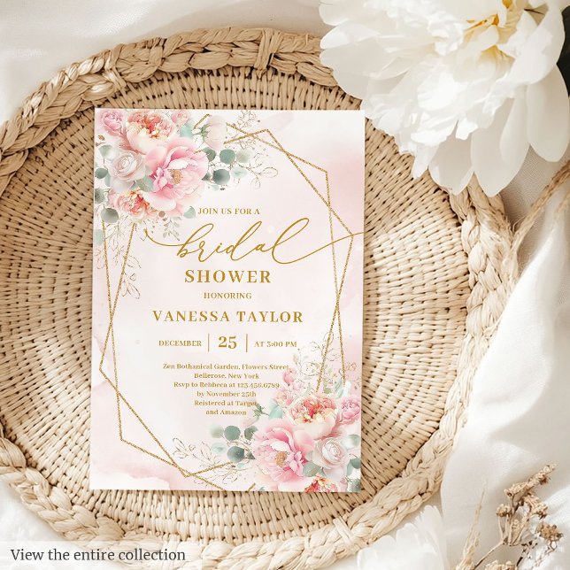 Invitación Classic Boho Rubor Pink Gold Frame Brillante (Classic Boho Blush Pink Gold Frame Bridal Shower Card)