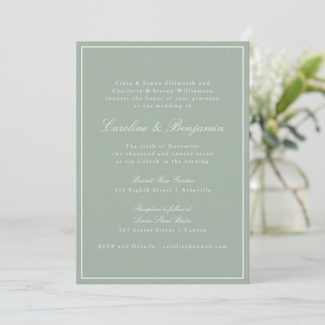 Invitación Classic Border Script Elegant Wedding Sage RSVP (Anverso de pie)
