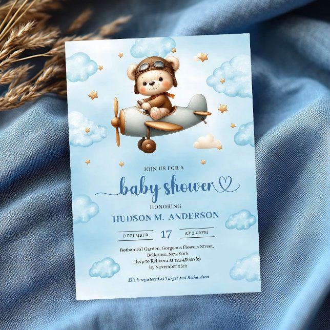 Invitación Classic Boy Shower Teddy Bear Pilot Blue Brown (Classic Boy Shower Invite Teddy Bear Pilot Blue Brown

)